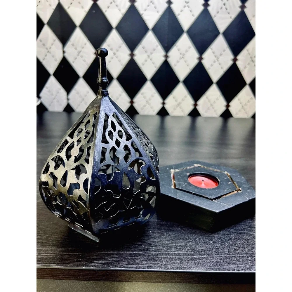 Moroccan Lantern Candleholders Black‎ Pierced Metal Decor Pair